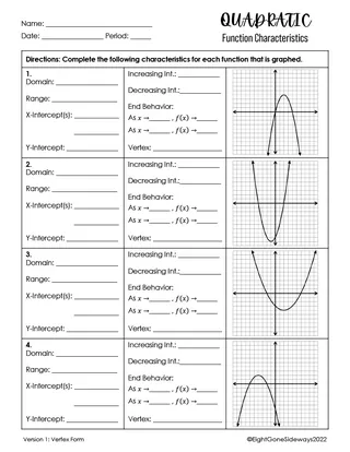 Quadratic Functions Worksheet – Vertex Form Practice – sample page 2