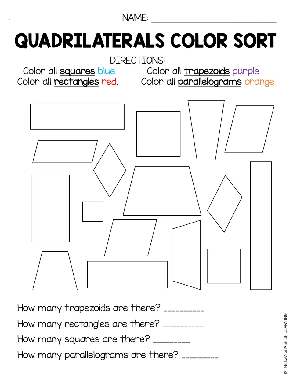 Quadrilateral sort: students color squares blue, rectangles red, trapezoids purple, parallelograms orange, then count each