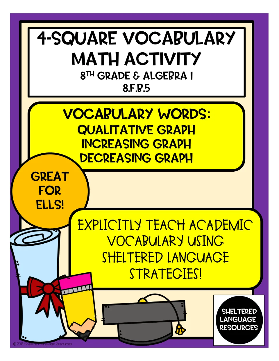 4-Square Vocabulary Math Activity cover for 8th grade & Algebra 1, 8.F.B.5: qualitative, increasing and decreasing graph