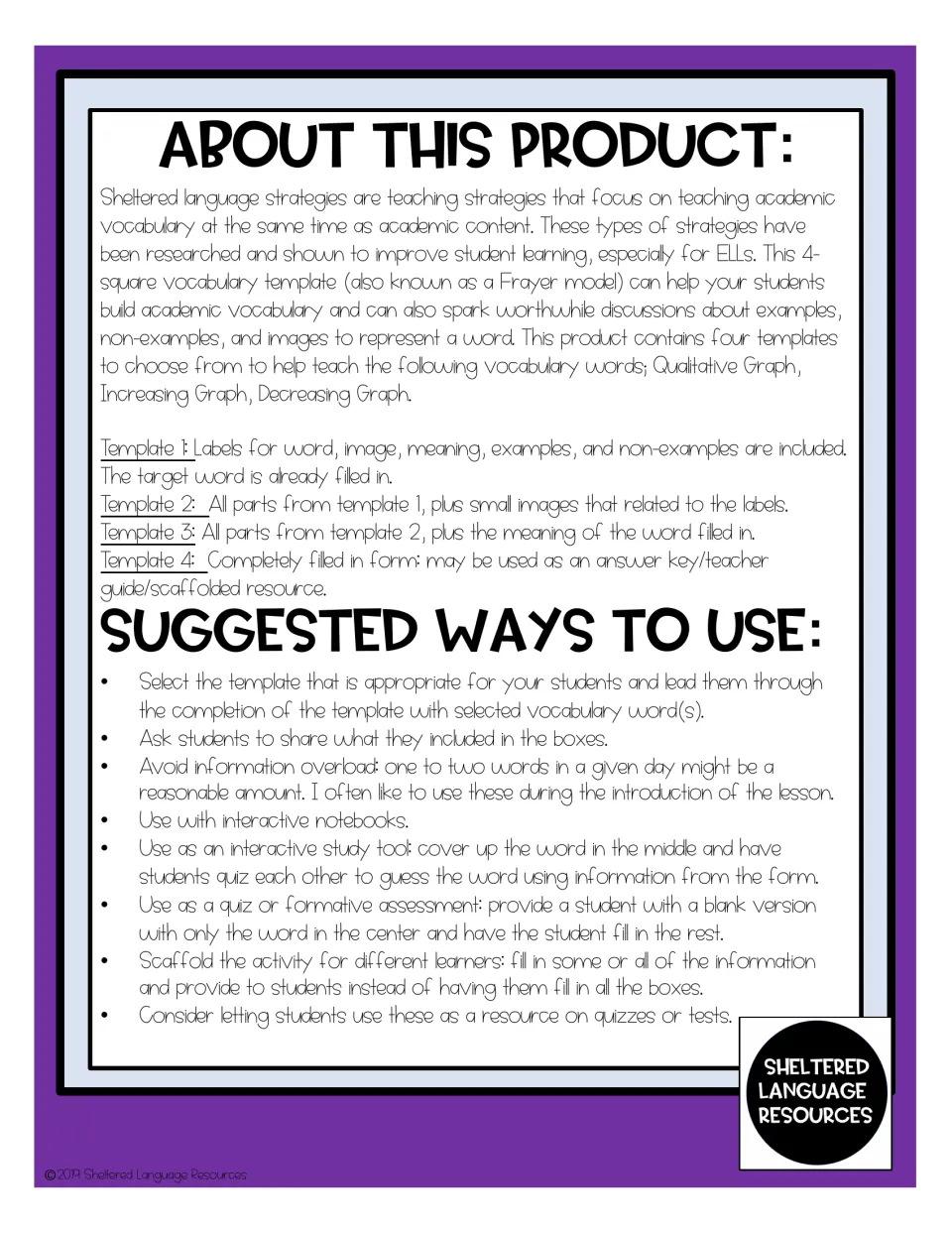 About this product: explains the four Frayer model templates and lists ways to use them, such as quizzes and study tools