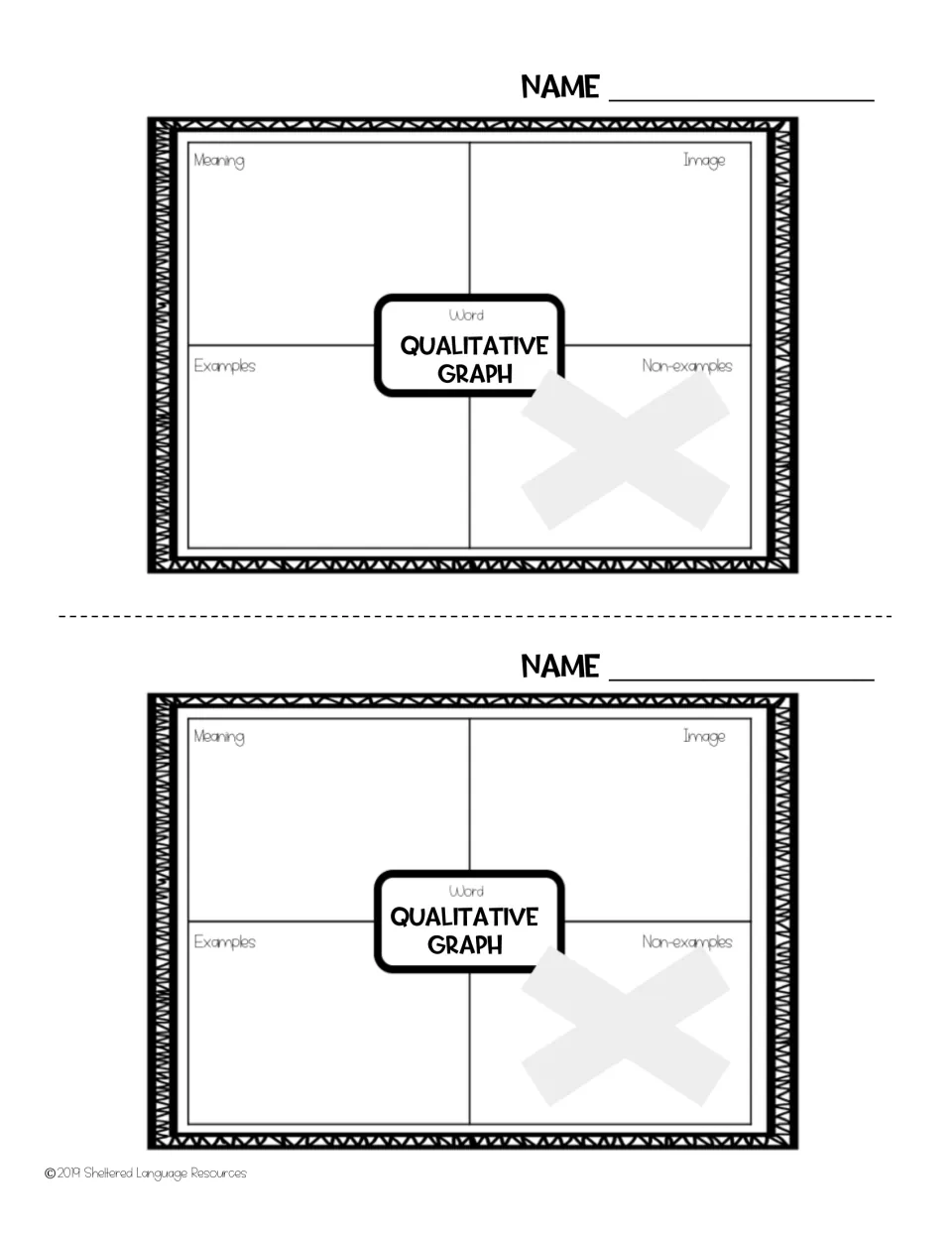 Two half-size blank qualitative graph 4-square organizers where students define the term and add examples and non-examples