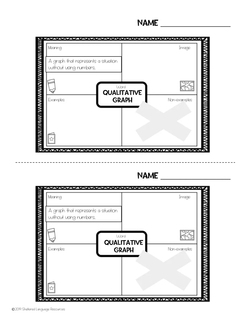 Two half-size qualitative graph organizers with definition filled in; students sketch an image, examples and non-examples