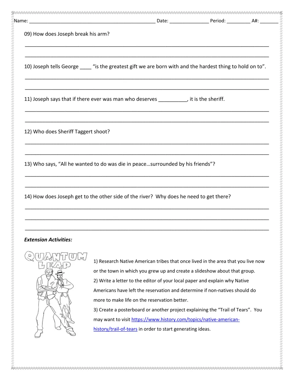 Video questions 9-14 on Joseph's journey to the reservation, plus extension tasks on local tribes and the Trail of Tears