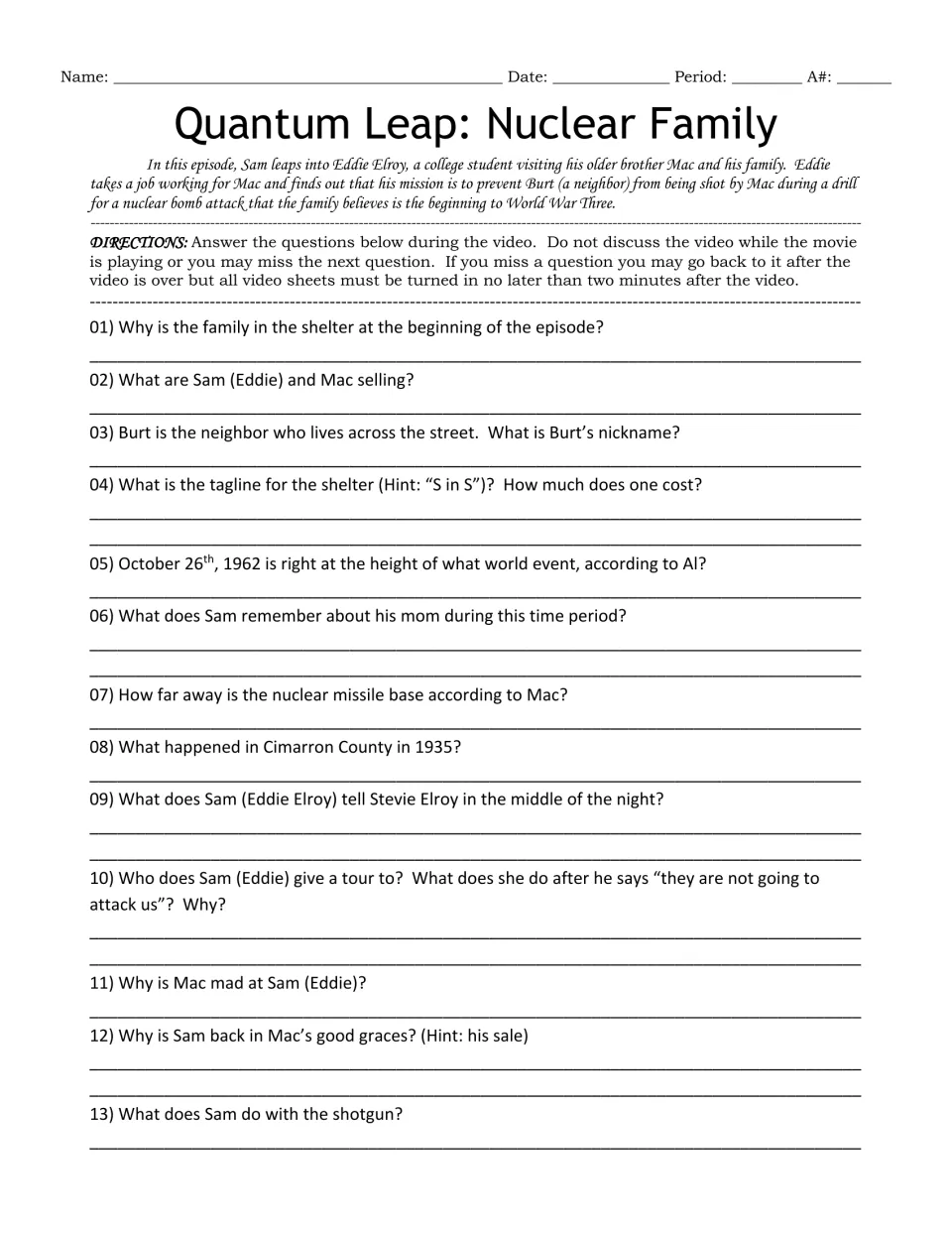 Video guide questions 1–13 cover the shelter drill, bomb shelter sales, Cuban Missile Crisis, and shotgun.