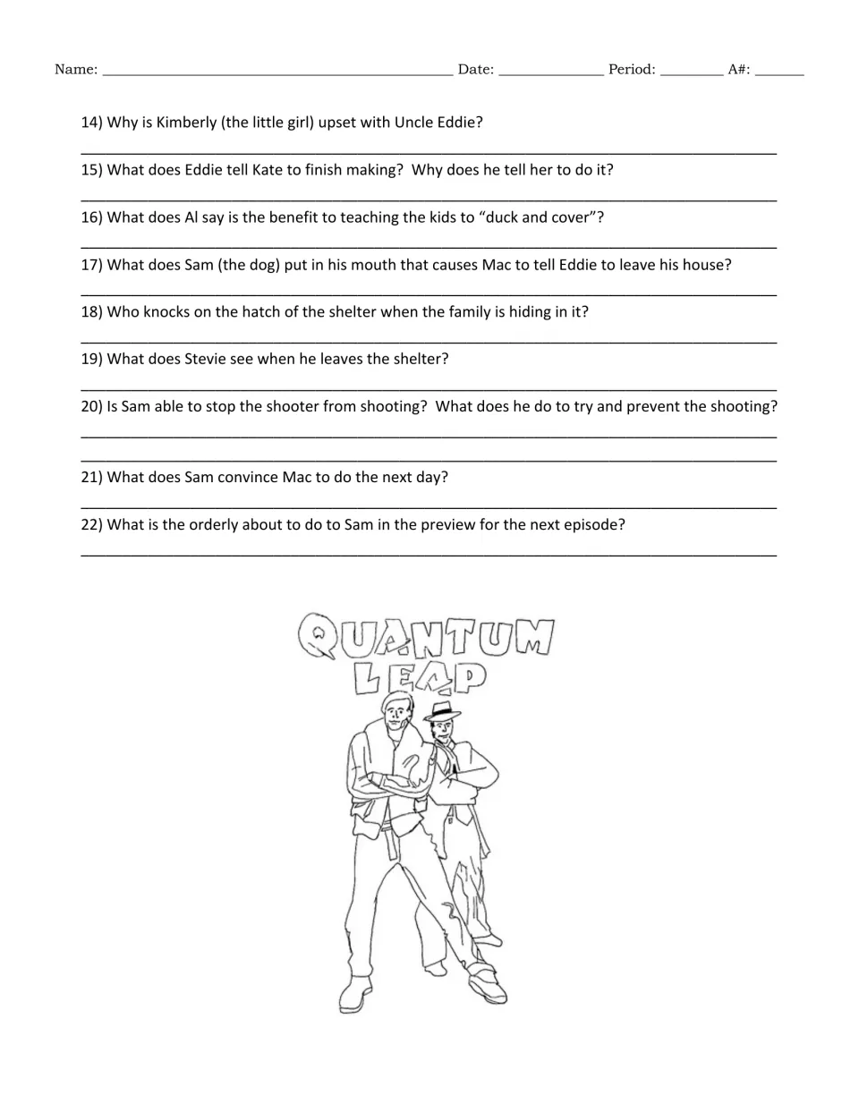 Video guide questions 14–22 cover duck and cover, shotgun shells, the shelter visitor, and the shooting.
