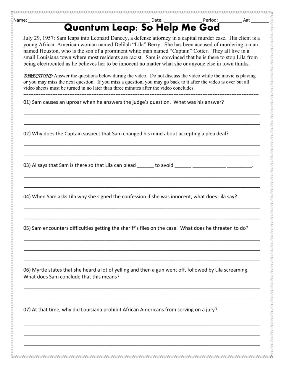 Video guide questions 1–7 on Lila’s murder trial, her confession, a plea deal, and jury discrimination
