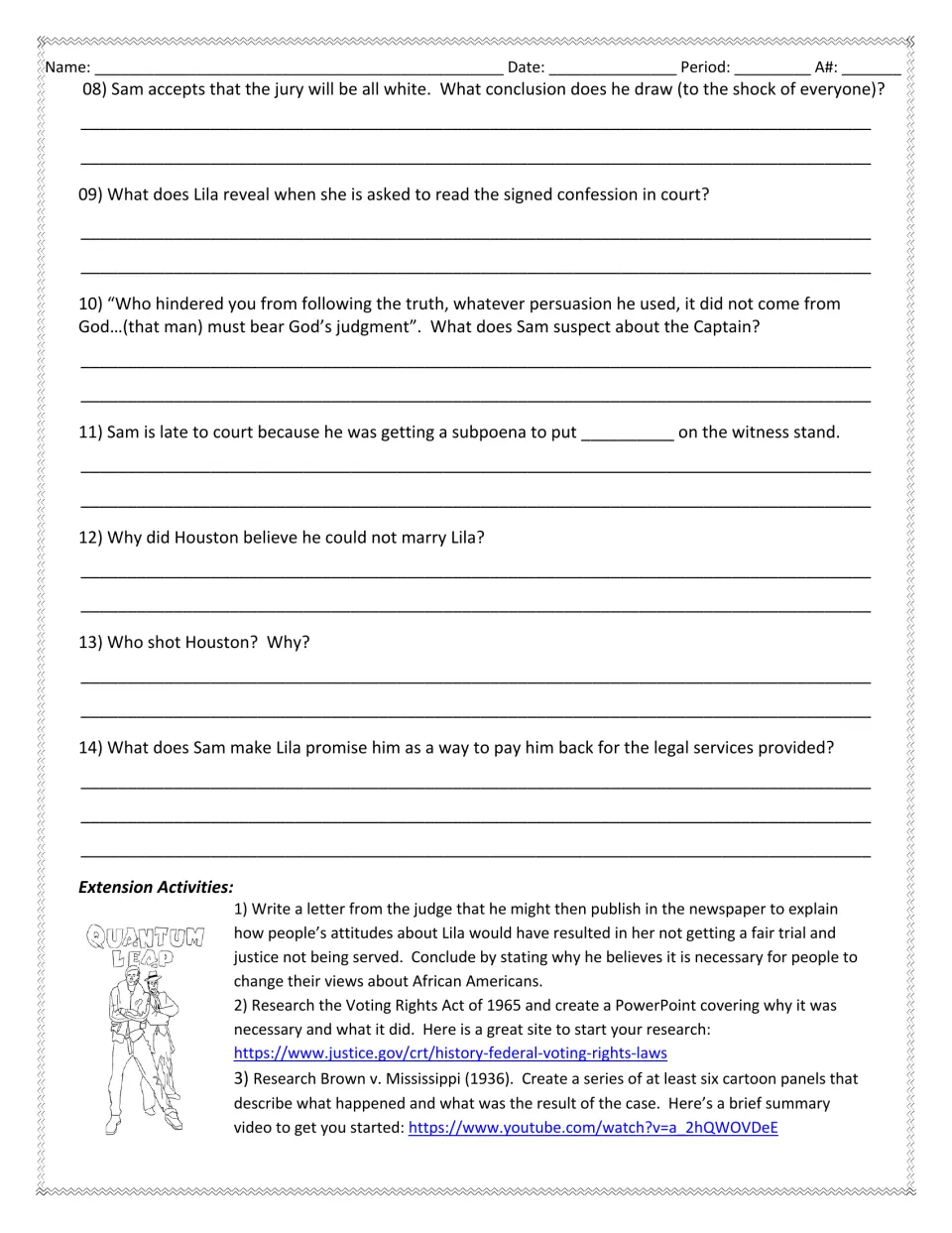 Video guide questions 8–14 and extensions on racial prejudice, the Voting Rights Act, and Brown v. Mississippi