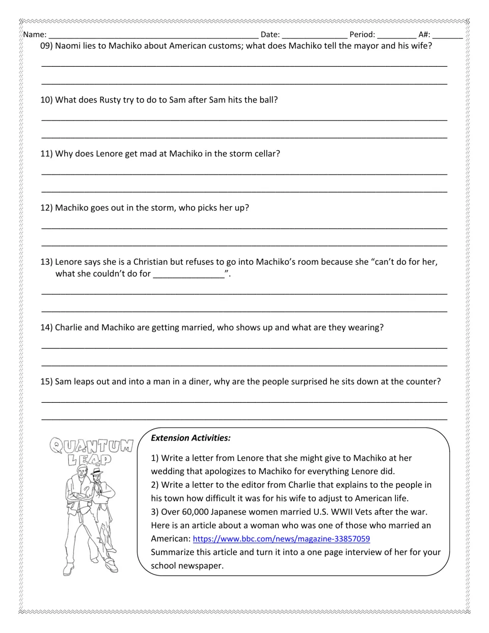 Video guide questions 9–15 on prejudice, the storm, and the wedding, plus three writing extension activities