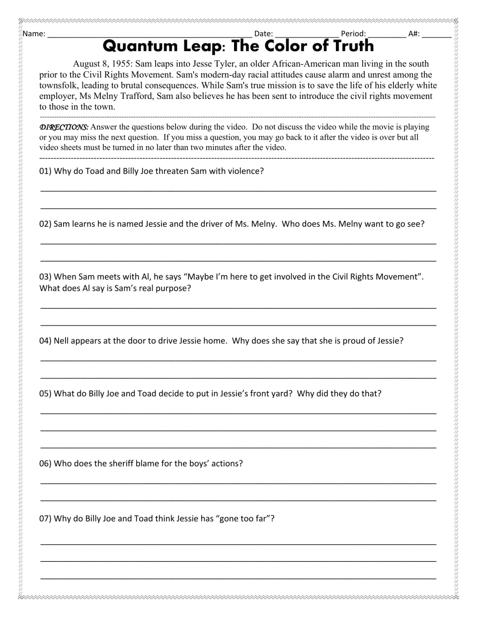 Video guide questions 1–7: Sam as Jessie, Ms. Melny, the lunch counter, and threats from Billy Joe and Toad