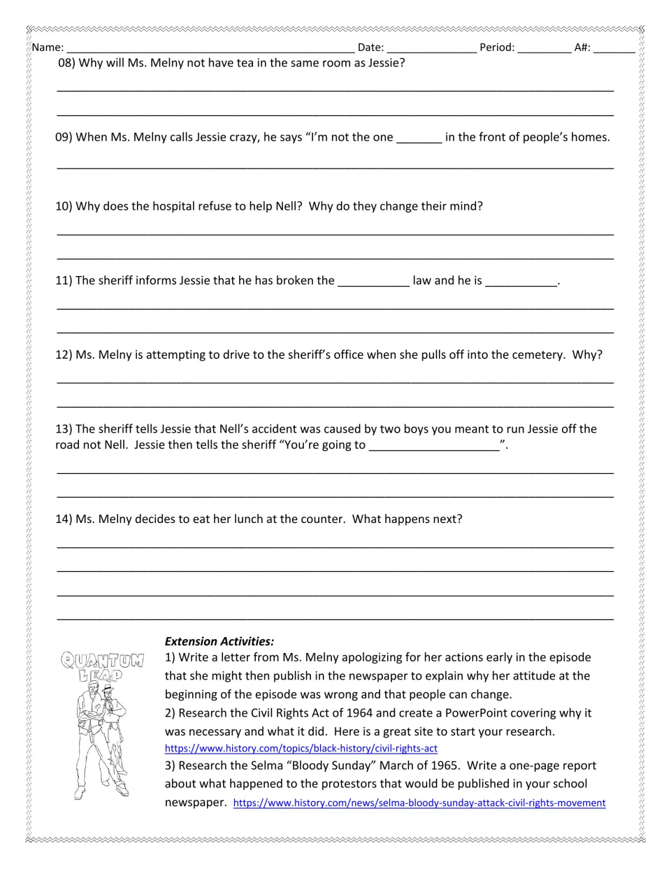Video guide questions 8–14: segregation, Nell’s hospital care, Ms. Melny’s actions, and three extension activities