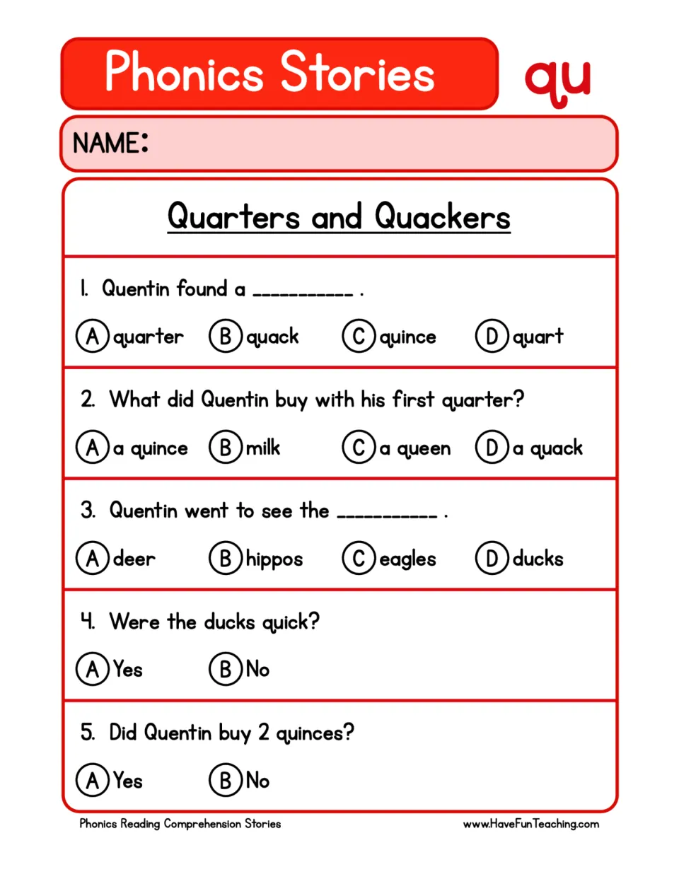 Five QU passage comprehension questions ask about a quarter, a quince purchase, ducks, and how fast they ran.