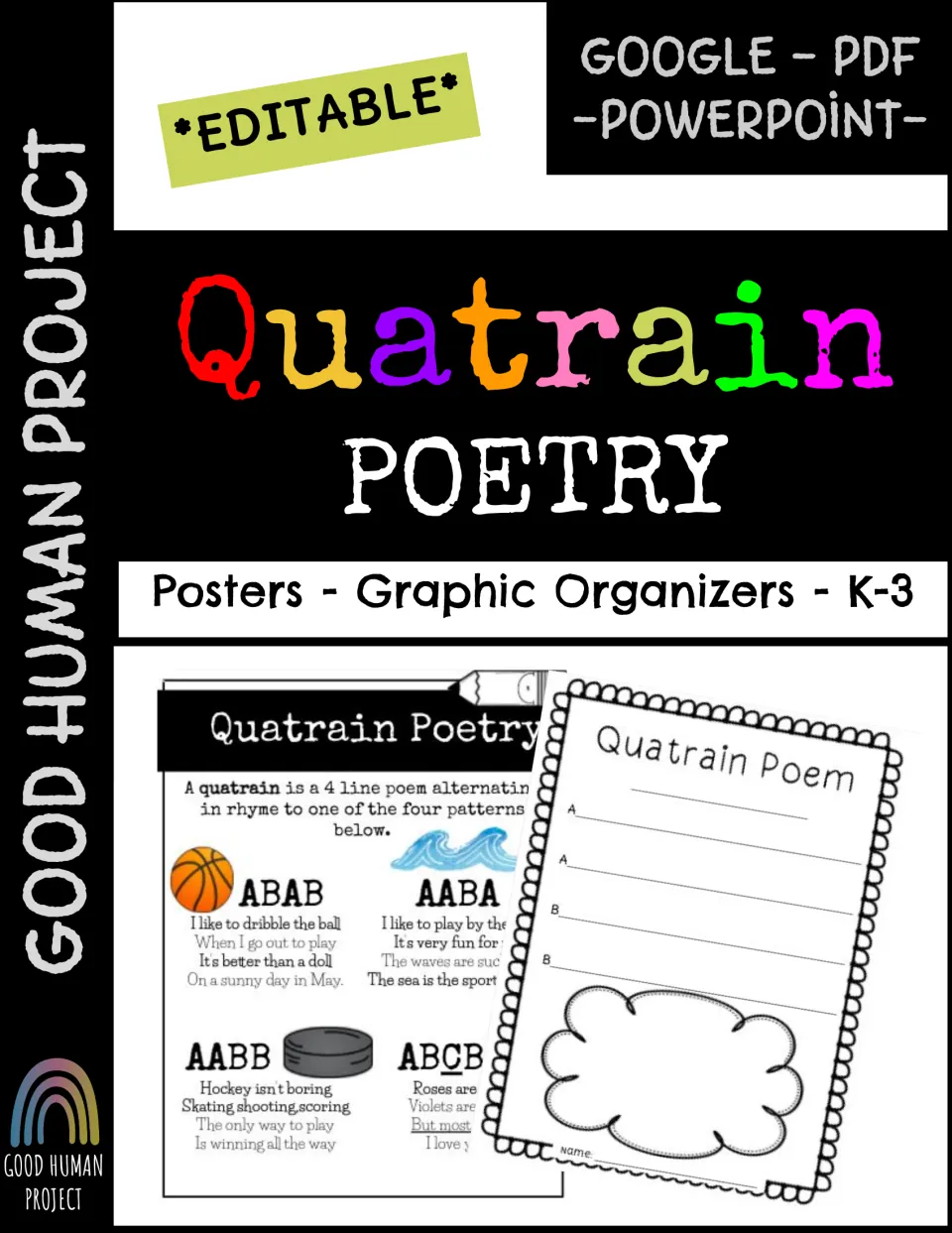 Quatrain Poetry cover: posters and graphic organizers for K-3, editable in Google, PDF and PowerPoint, with page previews