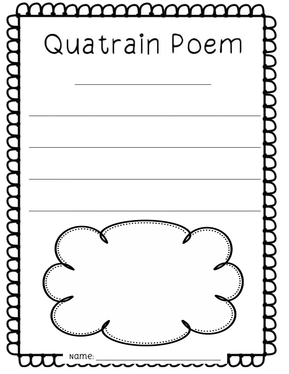 Quatrain writing page: students add a title, write four unlabeled lines of their poem and draw a picture in the cloud