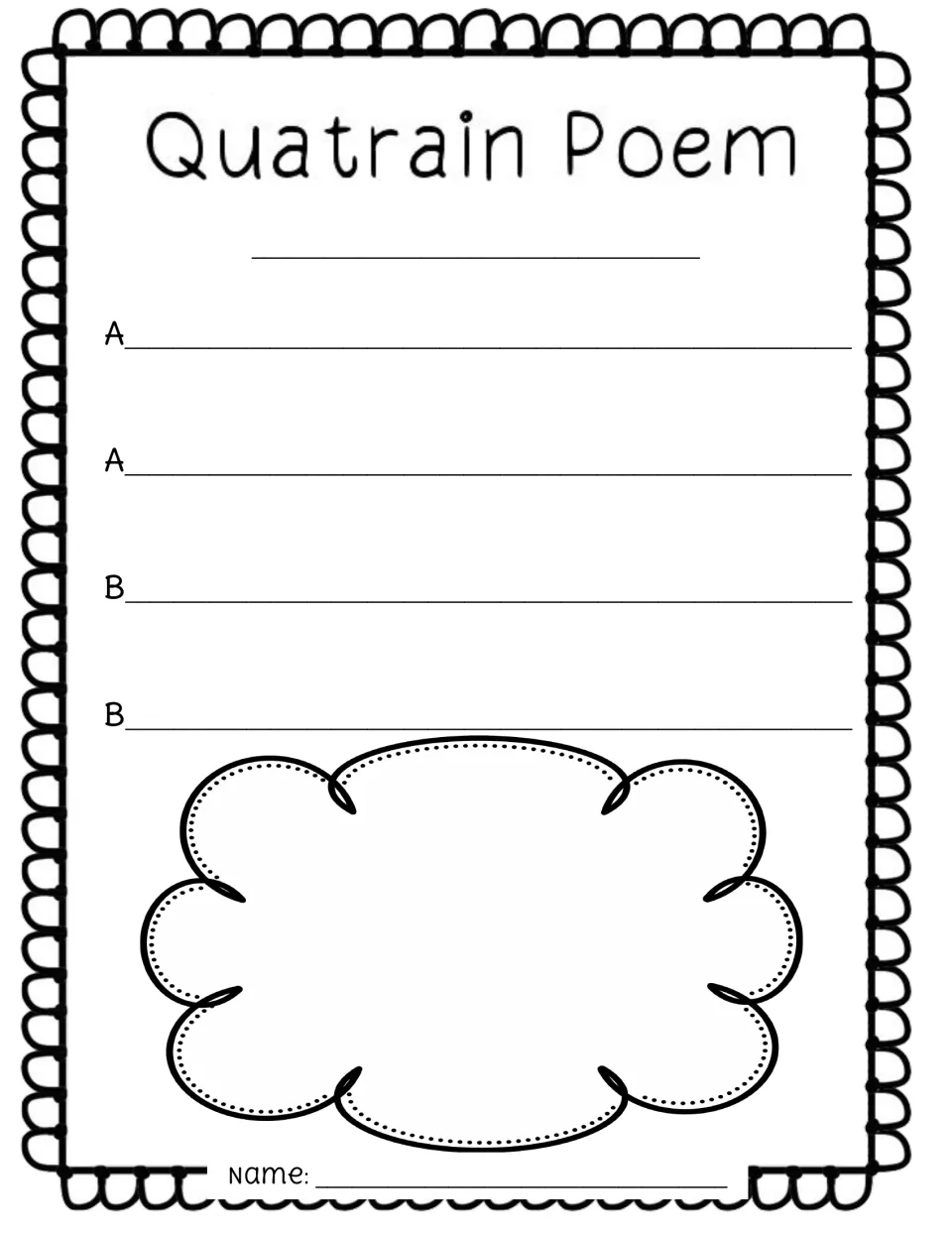 AABB quatrain organizer: students write two rhyming couplets on lines labeled A, A, B, B and draw in the cloud space