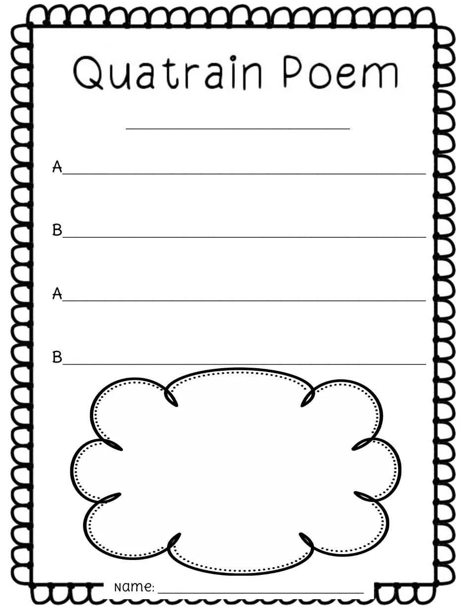 Second ABAB quatrain sheet with cloud drawing space: students plan rhyme pairs for lines 1 and 3, then lines 2 and 4