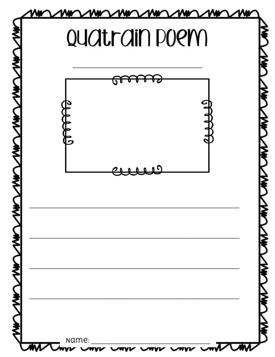 Quatrain draft with picture frame: students add a title, draw in the frame and write four lines in any rhyme pattern