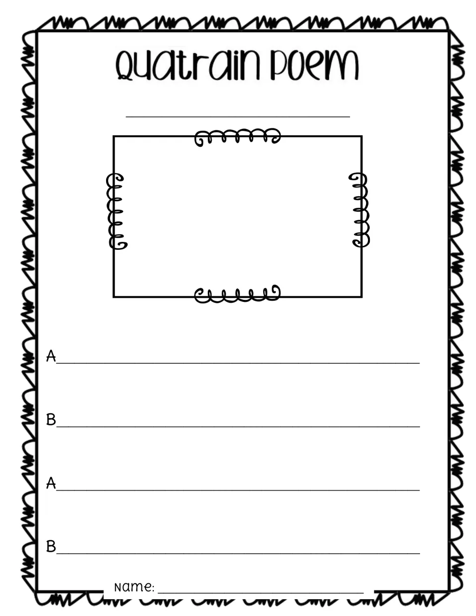 ABAB quatrain with picture frame above: students sketch their idea, then write lines labeled A, B, A, B that alternate