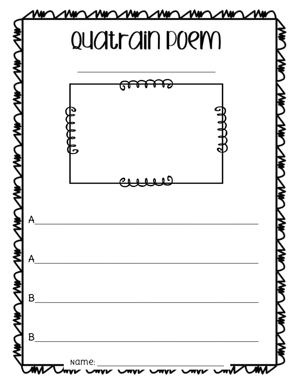 AABB quatrain with picture frame: students draw a scene, then write two rhyming pairs on lines labeled A, A, B, B