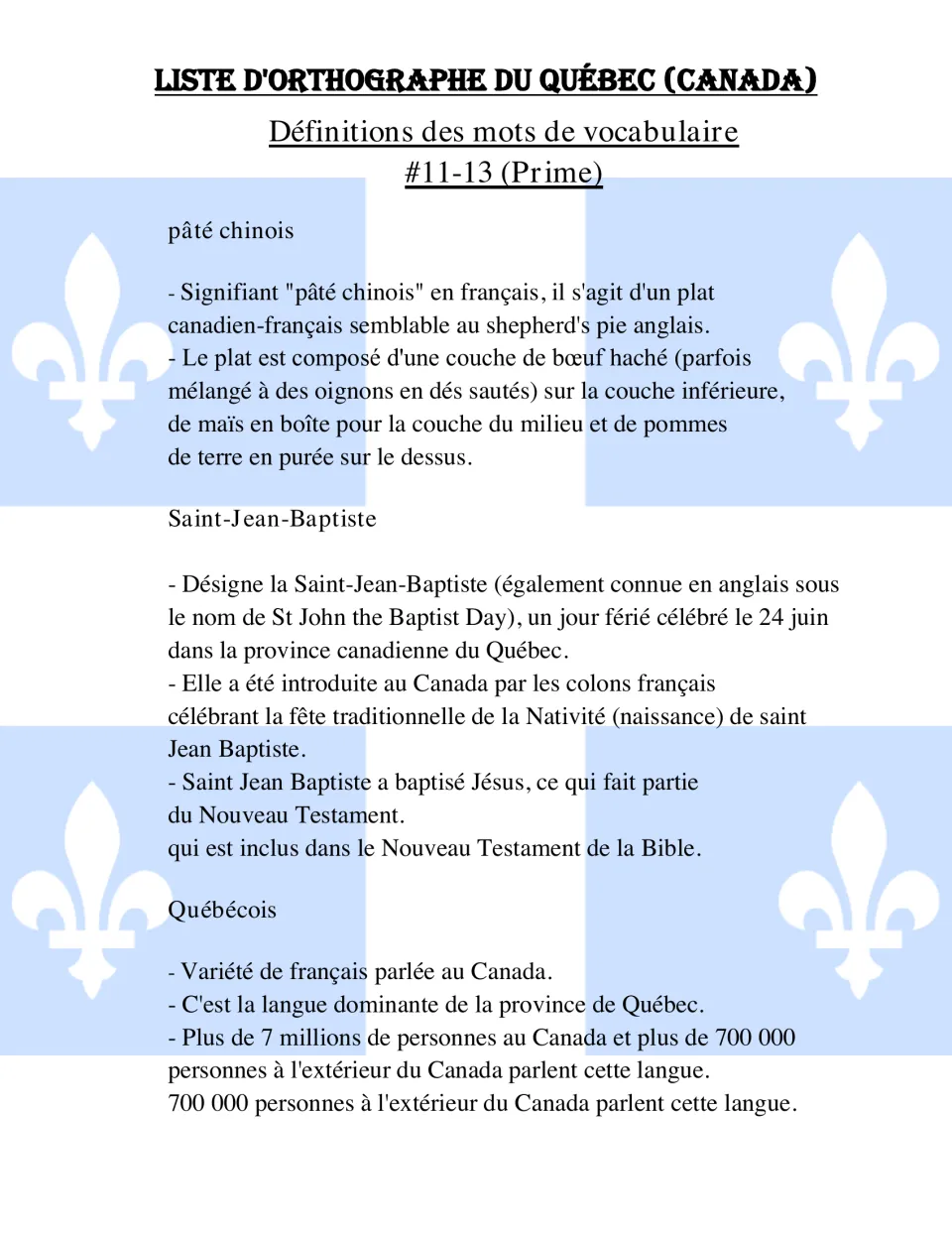 French definitions for bonus words 11-13: pâté chinois, the Saint-Jean-Baptiste holiday on June 24, and Québécois French