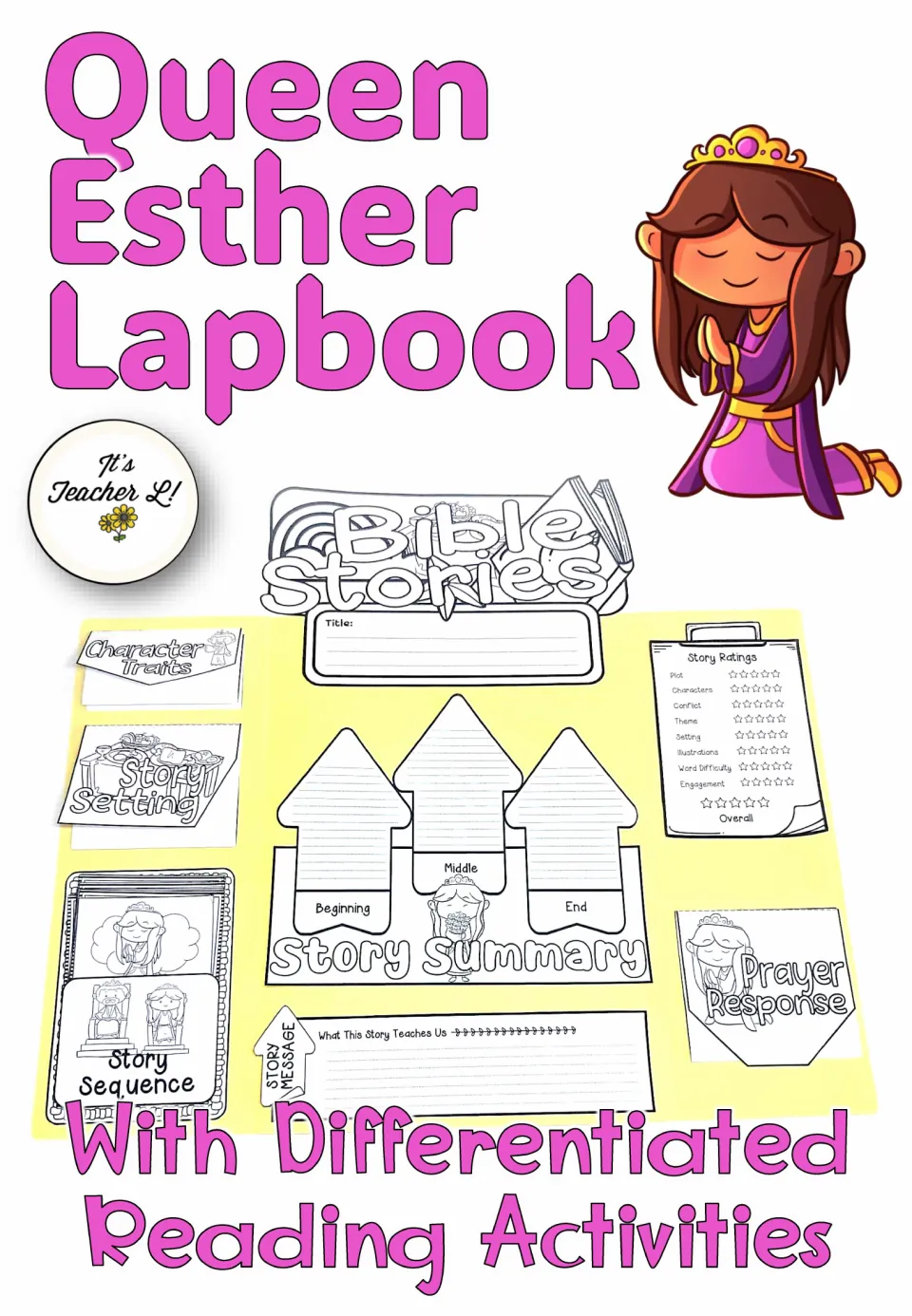 Lapbook resource cover introducing Esther's story, differentiated reading activities, and an assembled sample
