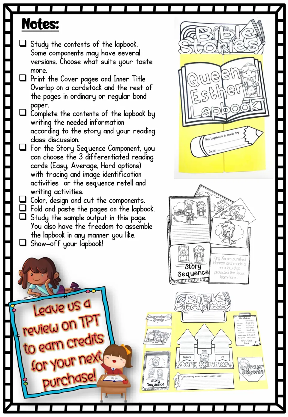 Lapbook assembly notes explain printing, writing, cutting, and choosing Easy, Average, or Hard reading cards