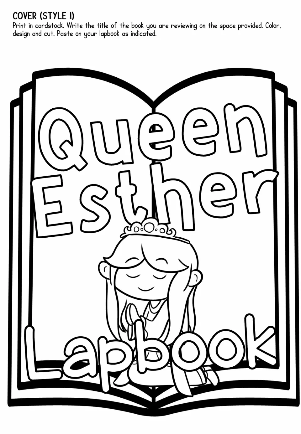 Lapbook cover template, style 1, shows Esther praying inside an open book for students to color and cut out