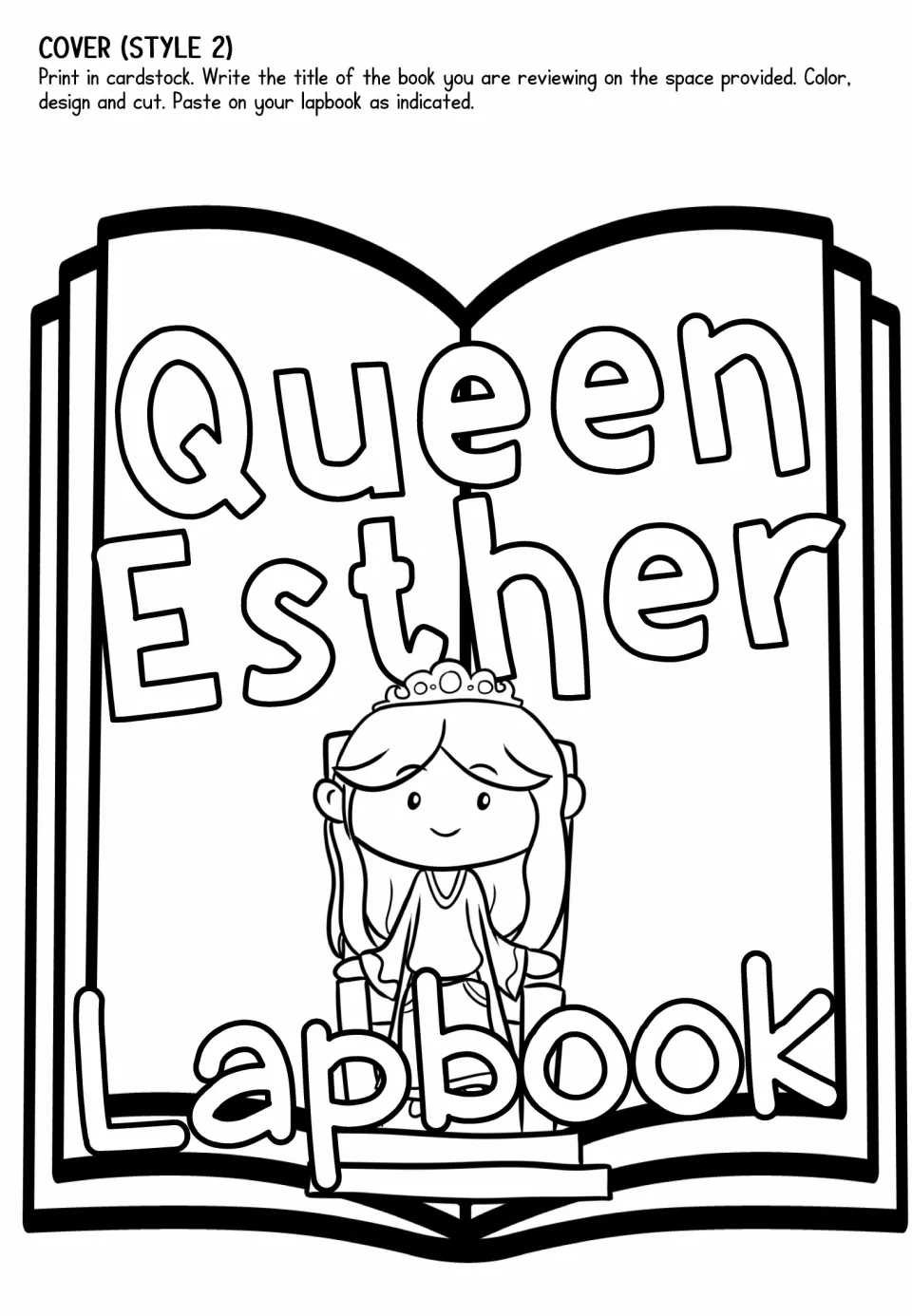 Lapbook cover template, style 2, shows Esther seated on a throne in an open book to color and cut out