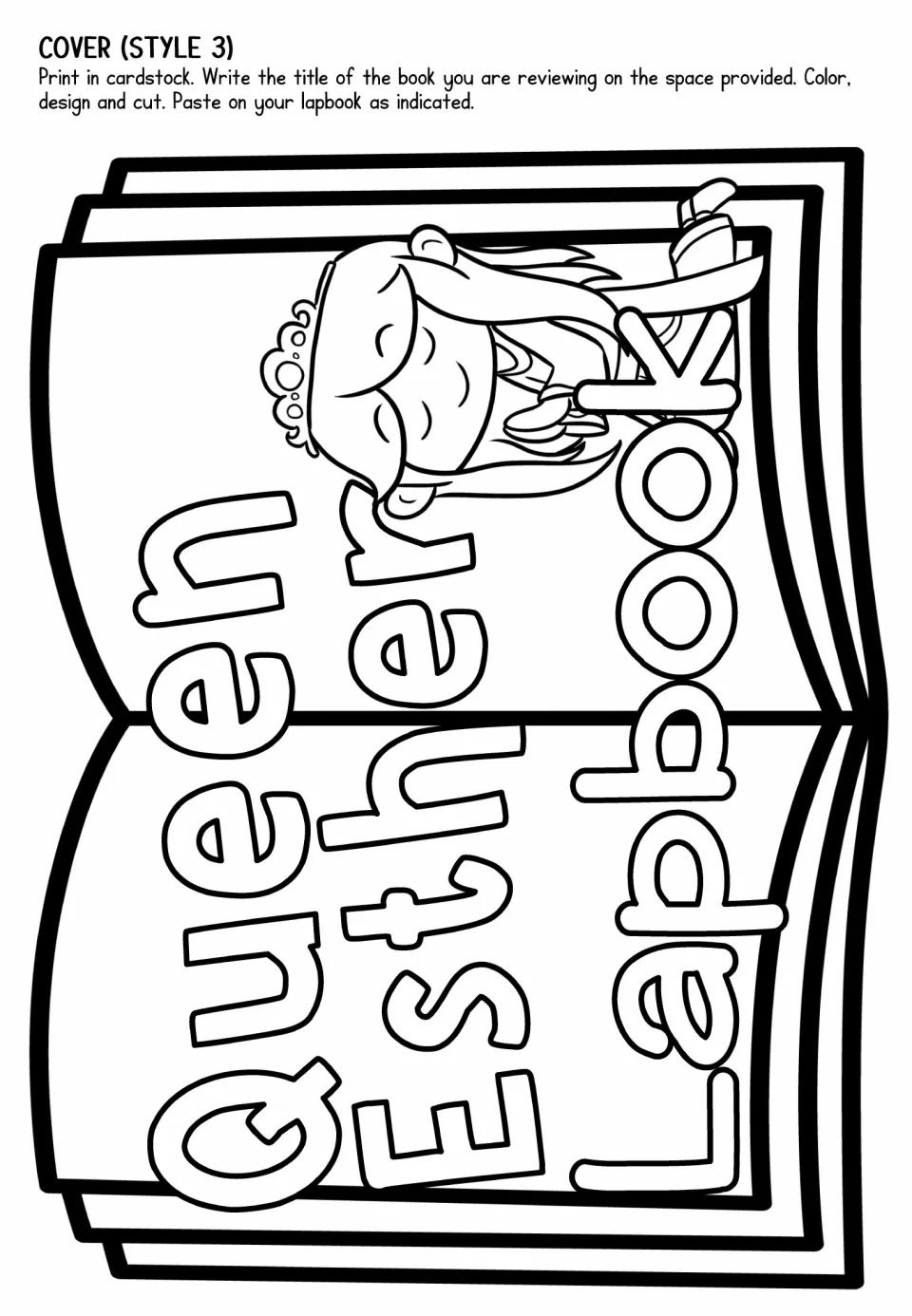 Lapbook cover template, style 3, features a landscape open book and praying Esther to color, cut, and paste