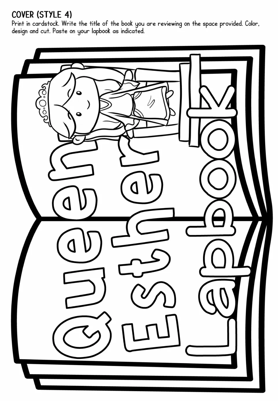 Lapbook cover template, style 4, features a landscape open book and seated Esther to color, cut, and paste