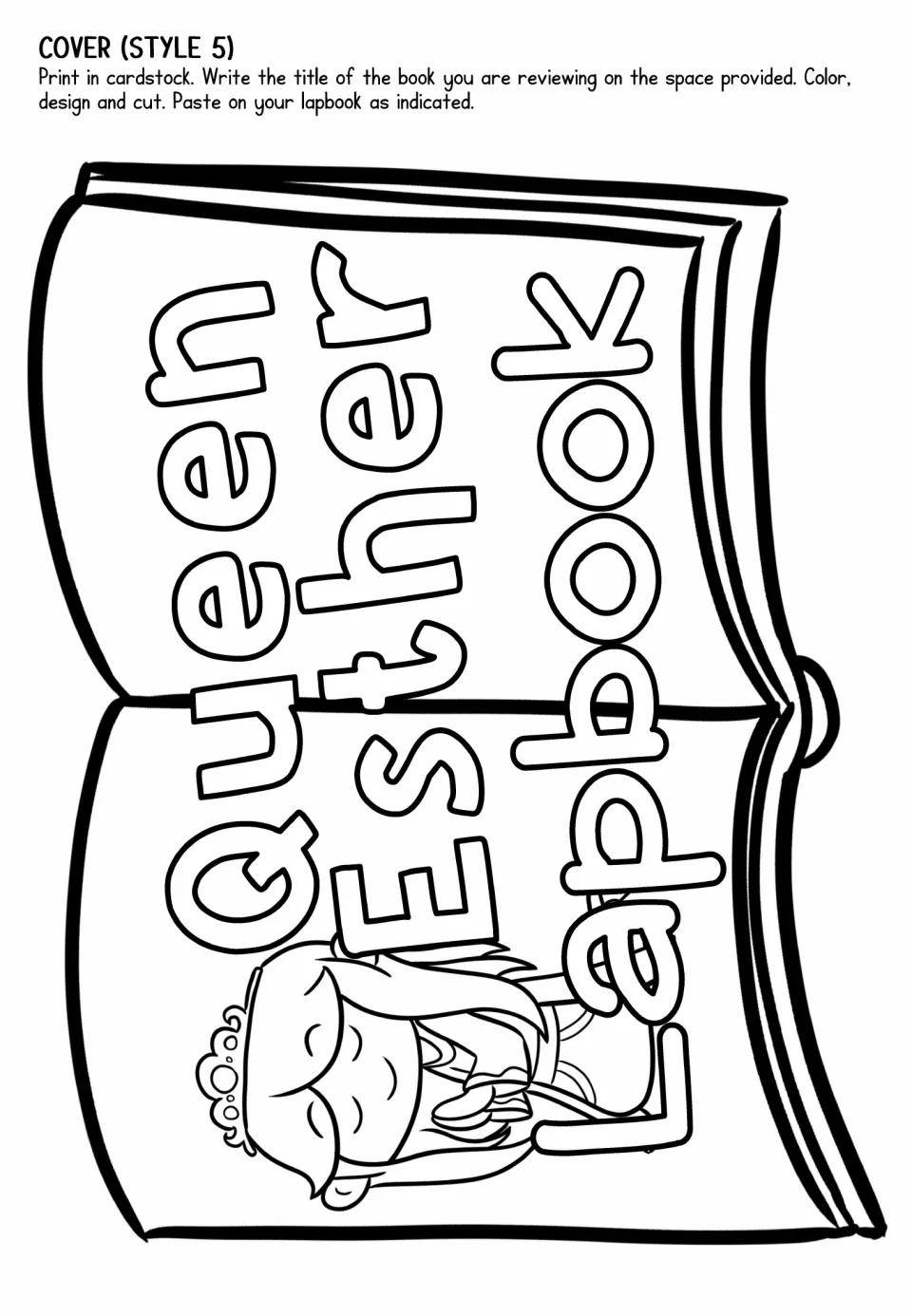 Lapbook cover template, style 5, places praying Esther on the left of an open book to color and cut out