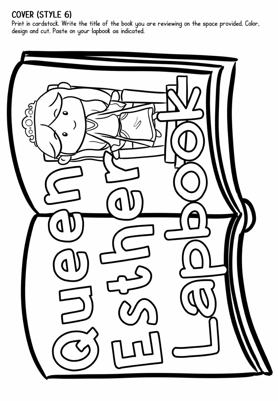 Lapbook cover template, style 6, places seated Esther on the right of an open book to color and cut out