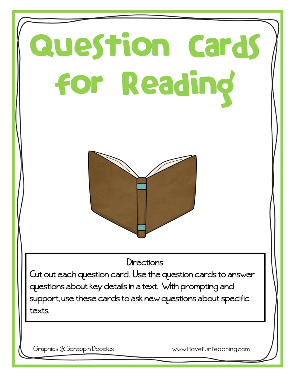 Question Cards for Reading cover with an open book and directions to cut out cards and answer questions on key text details