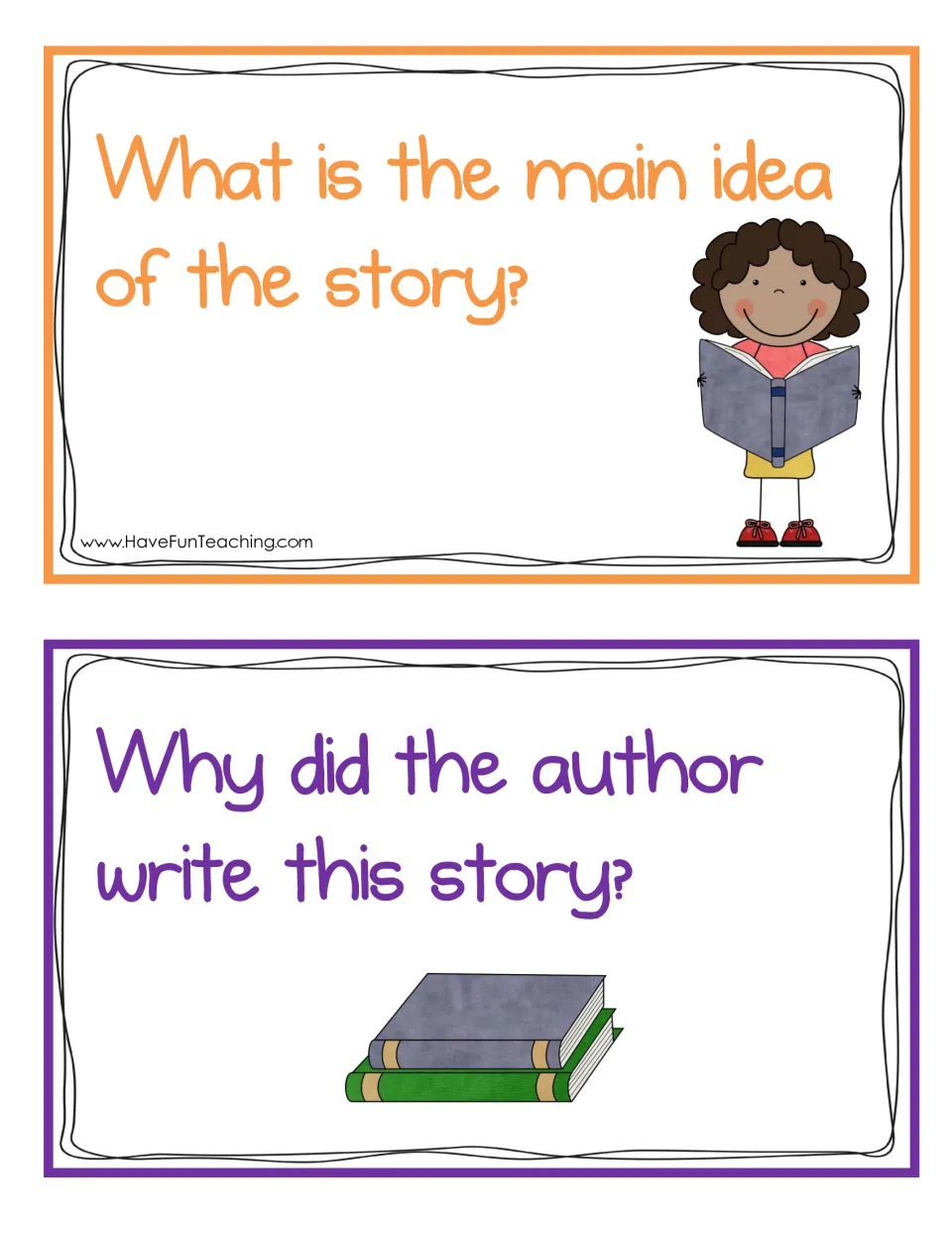 Two comprehension cards asking what the main idea of the story is and why the author wrote this story (author's purpose)