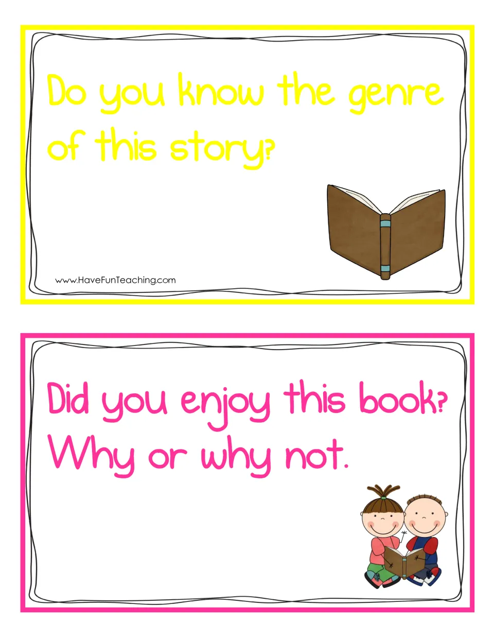 Two book talk cards asking if students know the genre of the story and whether they enjoyed the book, and why or why not