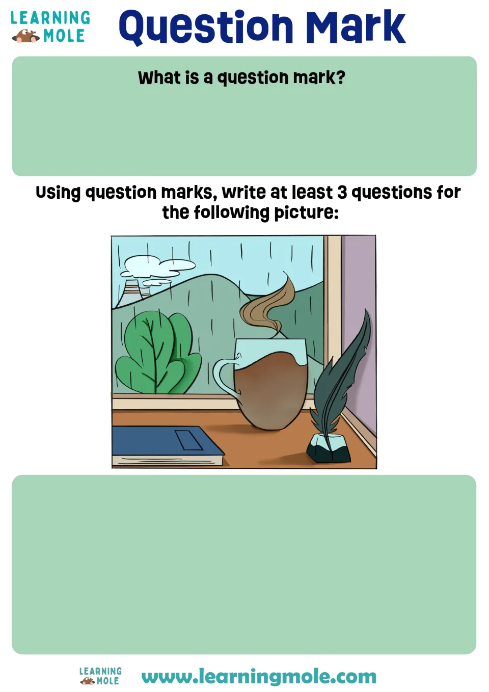 Question marks: students define a question mark, then write 3 questions about a rainy window scene with a mug and quill