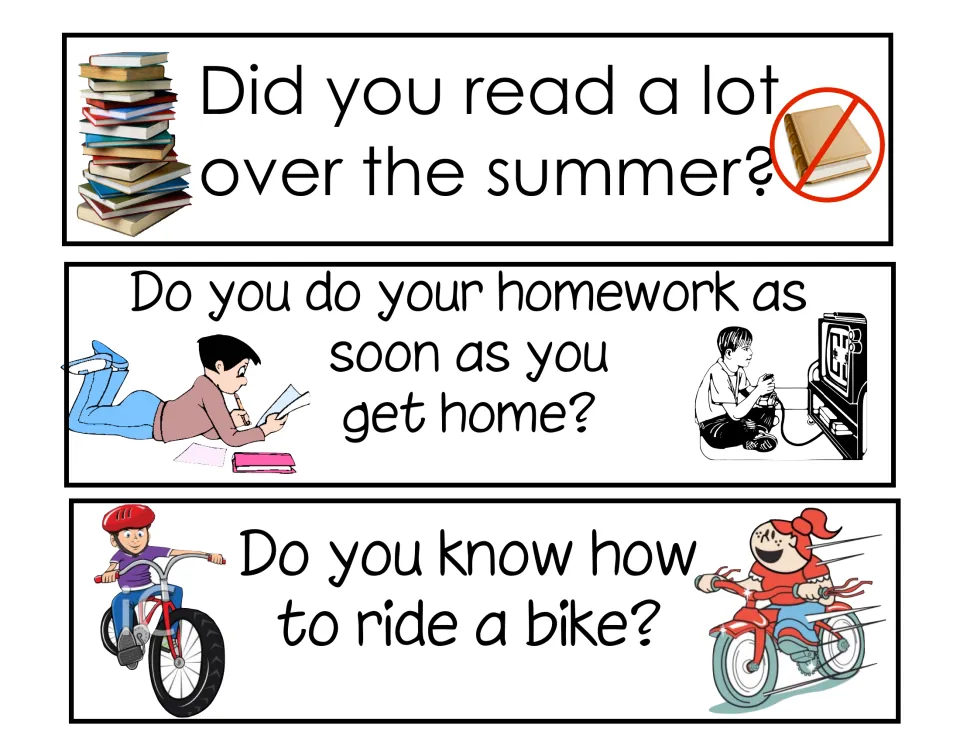 Three back-to-school question strips: reading over the summer, doing homework as soon as you get home, and riding a bike