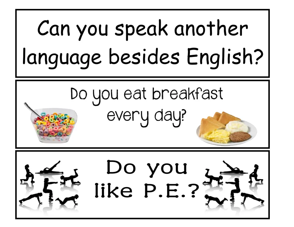 Question strips asking whether students speak a language besides English, eat breakfast every day and like P.E.