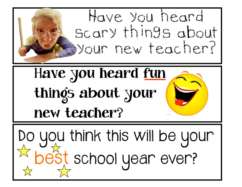 Question strips about hearing scary or fun things about the new teacher and whether this will be the best school year ever