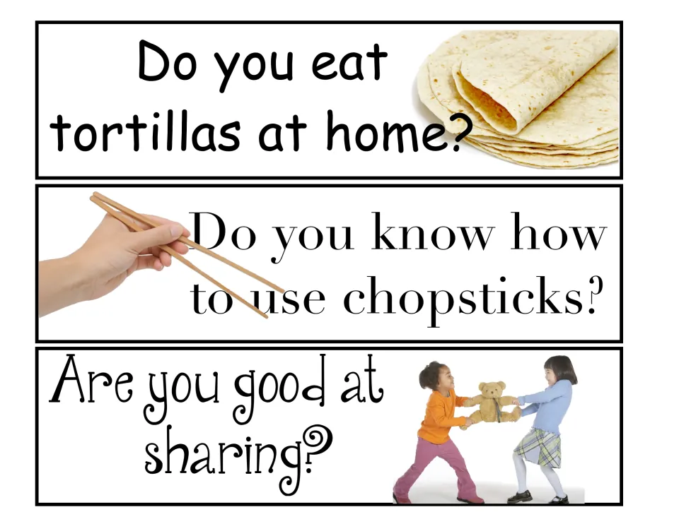 Question strips asking if students eat tortillas at home, know how to use chopsticks, and are good at sharing