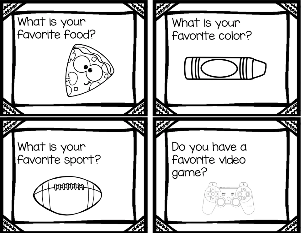 Favorites question cards: students answer what is their favorite food, color and sport and whether they have a video game
