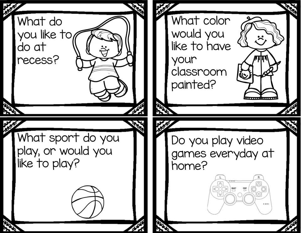 Recess and play question cards: students tell what they do at recess, a classroom paint color, a sport and video game habits