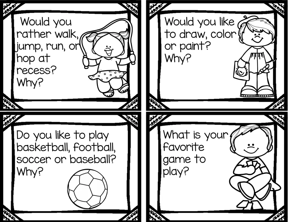 Would-you-rather question cards: students pick recess moves, drawing or painting, a ball sport and a game, explaining why
