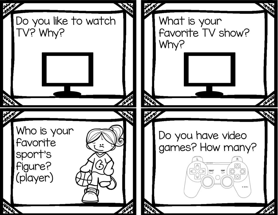 TV and sports question cards: students say if they like TV, name a favorite show and sports player, and count video games