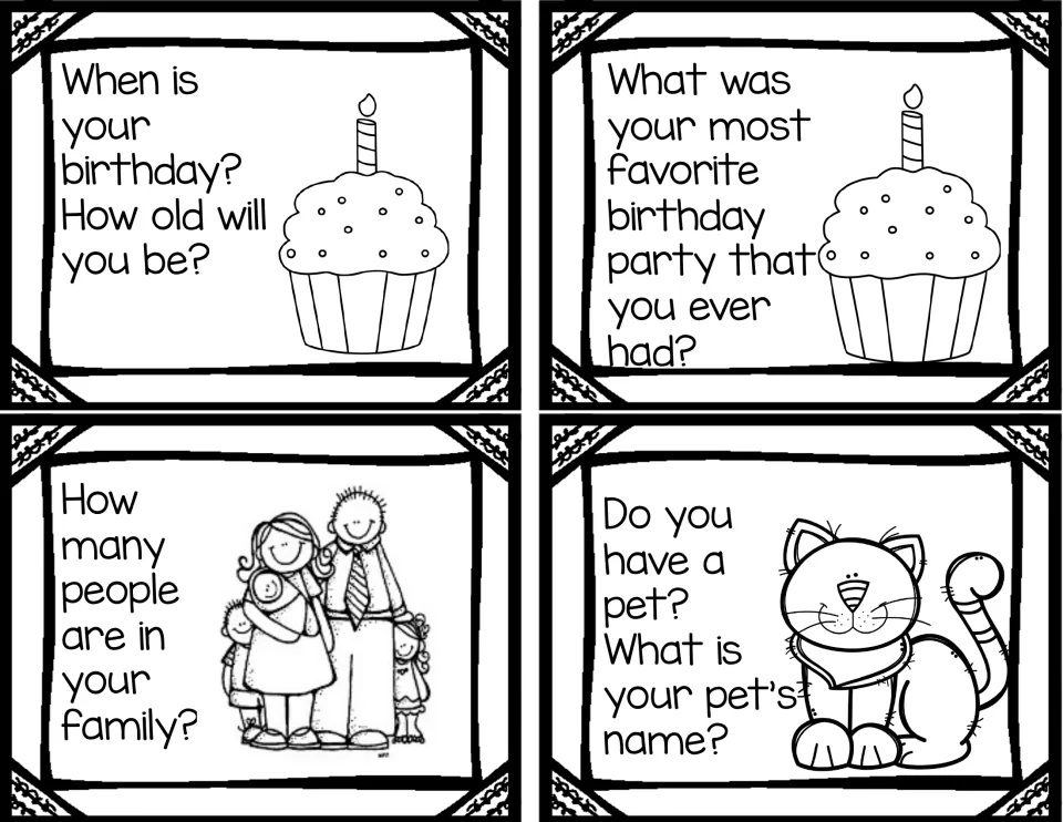 Birthday, family and pet question cards: students share their birthday, best party, family size and their pet's name