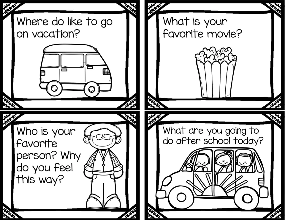 Vacation and movie question cards: students name a trip spot, favorite movie and favorite person, and plans after school