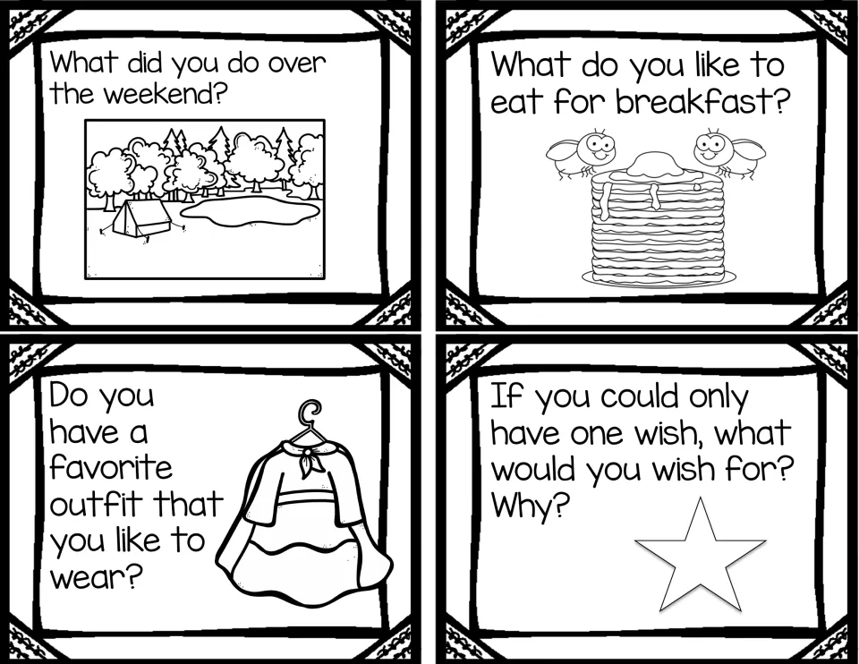 Weekend and wishes question cards: students recall the weekend, breakfast food, a favorite outfit and one wish with a reason