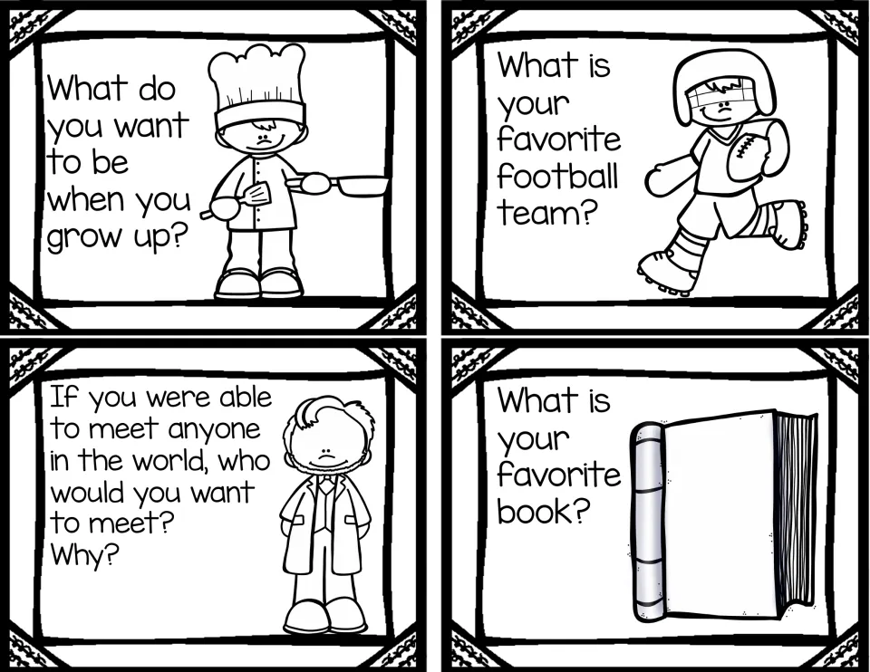 Career and hobby question cards: students tell what they want to be, a football team, a person to meet and a favorite book