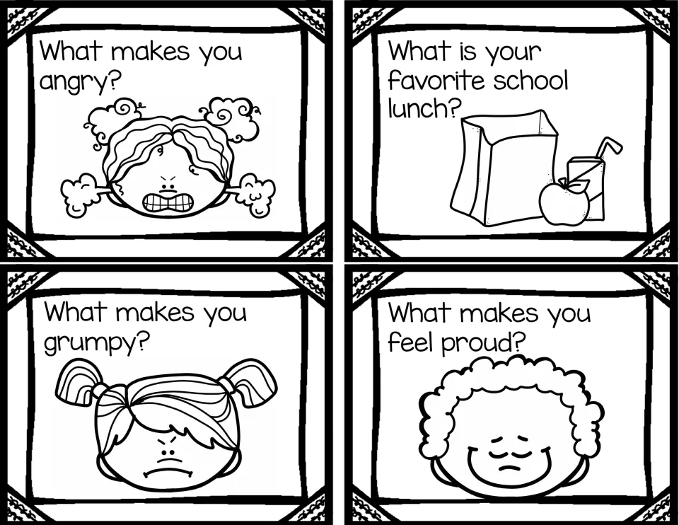 Feelings question cards: students describe what makes them angry, grumpy or proud and name a favorite school lunch