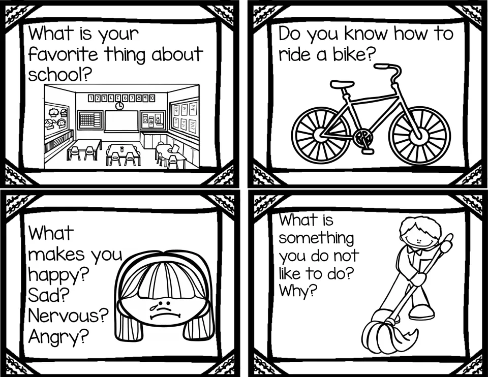 School and feelings question cards: students share a favorite part of school, bike riding, emotions and dislikes