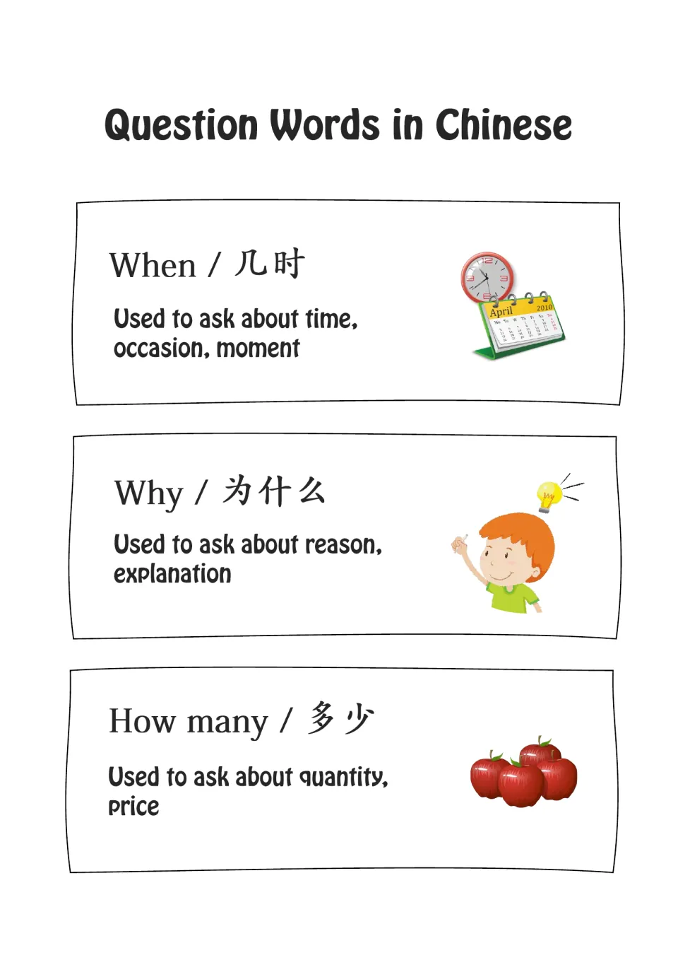 Question word reference sheet explaining 几时 (when), 为什么 (why), and 多少 (how many) with English definitions